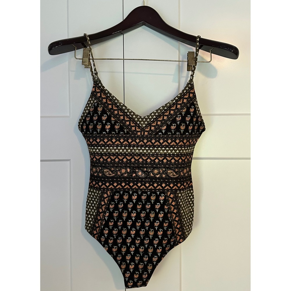Boteh Womens Boho Paisley Floral One Piece Swimsuit Black Olive V-Neck Size M